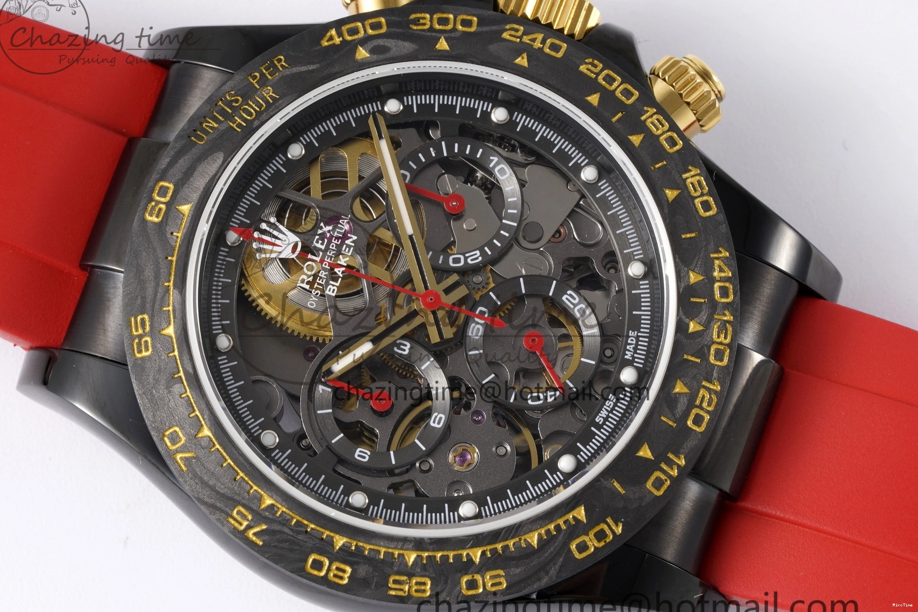 MiroTime 0213 Youthful Daytona PVD Carbon Bezel GETF Best Edition Skeleton Red Dial on Red Rubber Strap SA 1944